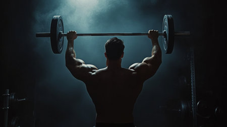A muscular man lifts a heavy barbell over his head in a gymの素材
