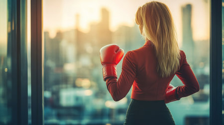 A boxer preparing for training with a city skyline backdrop during sunset hoursの素材