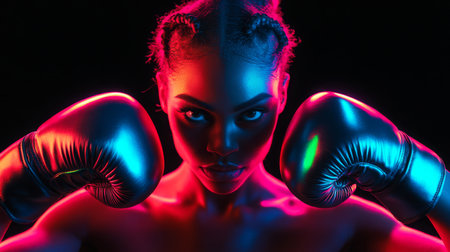 A determined female boxer prepares for a match under vibrant neon lightsの素材