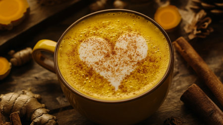 Golden turmeric latte with heart-shaped foam art served in cozy cafe settingの素材