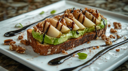 Delicious avocado toast topped with sliced apples and walnuts on a stylish plateの素材