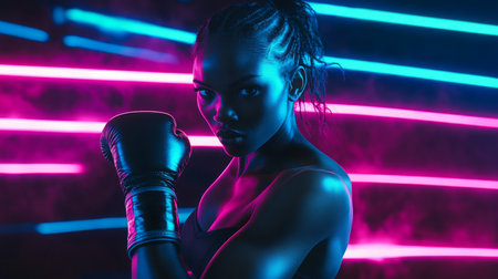 A determined boxer training in neon lights during a dynamic evening sessionの素材