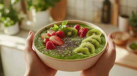 A hand holds a bowl of green smoothie topped with kiwi, strawberries, and chia seedsの素材