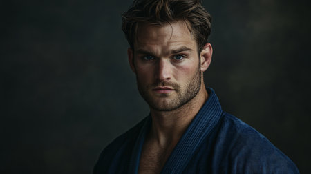 A man in a blue robe looks intently at the cameraの素材