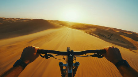 Experience an exhilarating bike ride over sunlit sand dunes at sunrise in the desertの素材