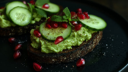 Delicious avocado toast topped with cucumber and pomegranate on a dark plate at cozy cafeの素材