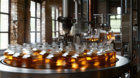 Wine bottles move along a conveyor belt in a modern winery during the bottling processの素材