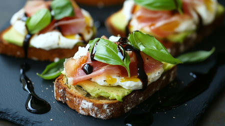 Delicious open-faced sandwiches with avocado, prosciutto, and basil on dark serving boardの素材