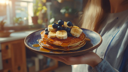 A hand holds a plate of fluffy pancakes topped with bananas, blueberries, and syrupの素材