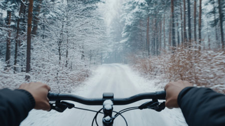 Winter bike ride through snowy forest with a view from the handlebarsの素材