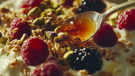 A spoon drizzles honey over yogurt, raspberries, and granolaの素材