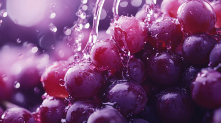 Fresh grapes soaking in water create a vibrant splash of color and freshnessの素材