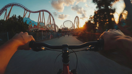 Enjoying a sunset bike ride through an amusement park with thrilling roller coastersの素材