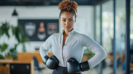 Confident woman in boxing gloves poses in a modern training facility during day hoursの素材