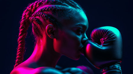 Determined female boxer trains for a match under dramatic lightingの素材