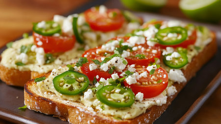 Delicious avocado toast topped with sliced tomatoes and jalapenos served on a wooden tableの素材