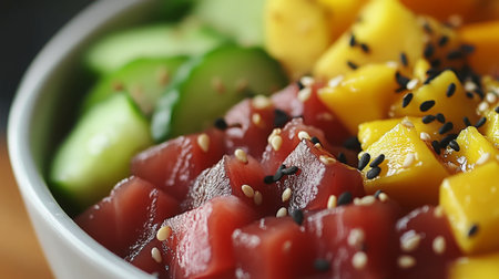 Freshly prepared poke bowl with diced tuna, mango, and cucumber served in a bowlの素材