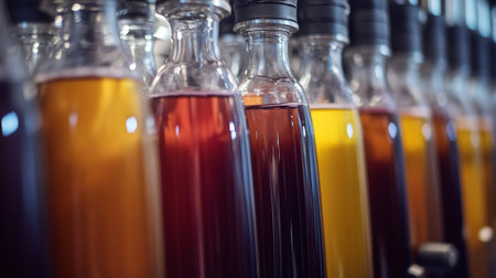 Colorful glass bottles filled with natural wine on display in a modern settingの素材