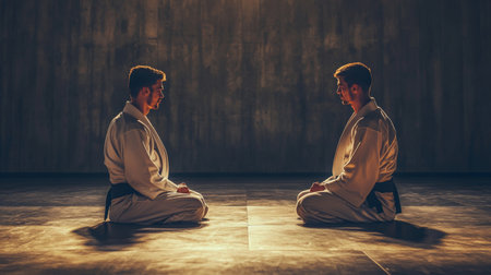 Two martial artists meditate in a peaceful dojo during a training session at sunsetの素材