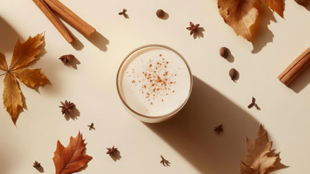 Warm spiced beverage surrounded by autumn leaves and spices on a light backgroundの素材