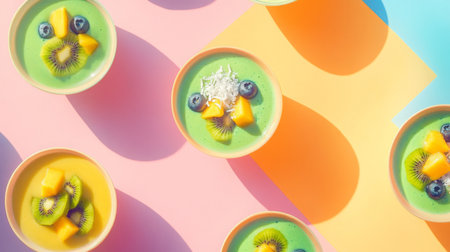 Refreshing tropical smoothie bowls arranged on colorful background for vibrant summer vibeの素材