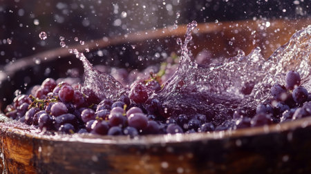 Freshly harvested grapes splashing into a wooden vat for natural wine productionの素材