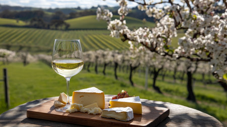 Enjoying natural wine and cheese among blooming vineyards in a scenic landscapeの素材