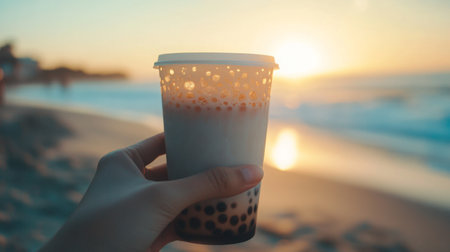 Enjoying a refreshing bubble tea while watching the sunset at the beachの素材