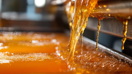 Natural wine production process showcasing the rich golden liquid flowing from a pressの素材