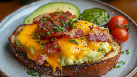 Delicious avocado toast topped with cheese and bacon served with tomatoes and green sauceの素材