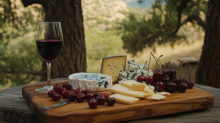 Enjoying natural wine with a selection of gourmet cheeses and fresh fruits outdoorsの素材