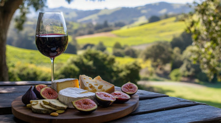Discover the perfect pairing of wine and cheese amidst stunning vineyards on a sunny dayの素材