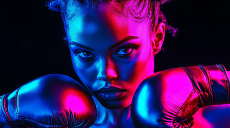 A determined female boxer training intensely under vibrant colored lights at nightの素材