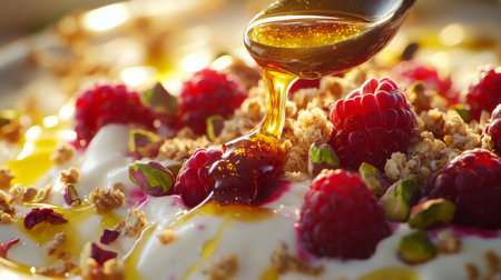Tasty yogurt with raspberries, honey, and granola on a sunny morningの素材