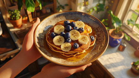 Fluffy pancakes topped with bananas and blueberries served in bright kitchen at breakfastの素材