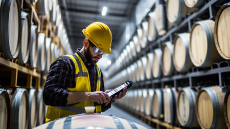 Inspecting wine barrels in a natural cellar environmentの素材
