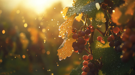 Morning dew glistens on grapevines in a tranquil vineyard at sunriseの素材