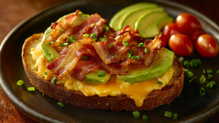 A delicious breakfast of avocado toast topped with bacon, eggs, and cheeseの素材