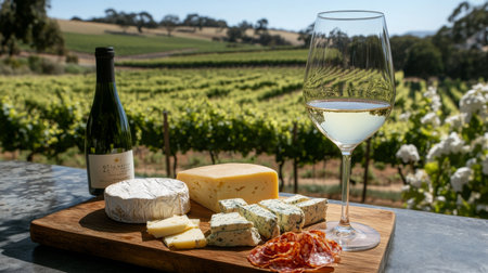 Gourmet cheese and wine experience at a scenic vineyard during a sunny afternoonの素材