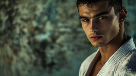Young martial artist posing confidently in training attire against a textured backdropの素材