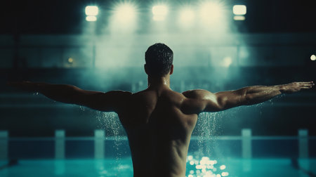 A male diver prepares for a jump into a pool under bright lights at nightの素材