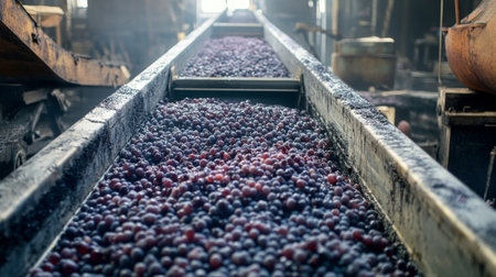 Harvesting freshly picked grapes in a natural wine-making facilityの素材