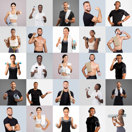 Fitness enthusiasts showcase various exercises and workouts in gym attireの写真素材