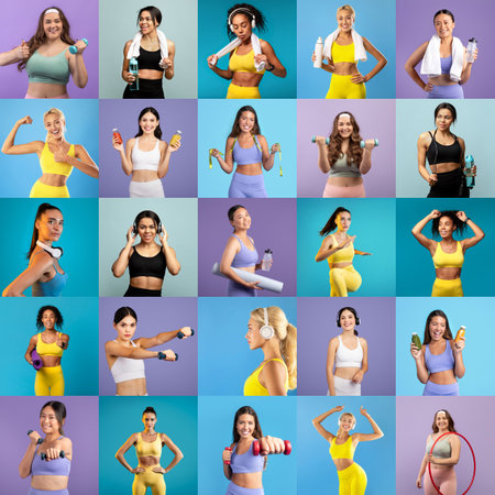 Diverse group of women actively engaging in fitness activities indoorsの写真素材