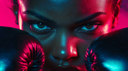 A female boxer stares intensely at the camera while wearing black boxing glovesの素材