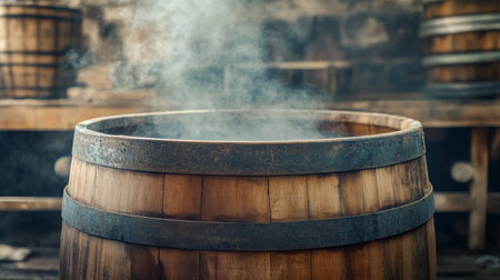 Natural fermentation process in a wooden wine barrel surrounded by hazy atmosphereの素材