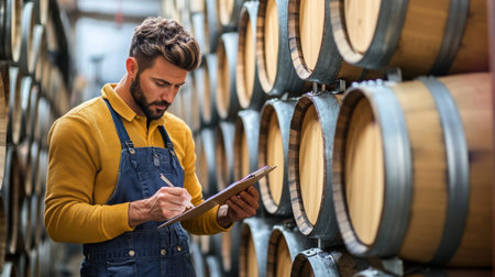 Wine expert evaluates oak barrels in a natural winery setting during daytimeの素材