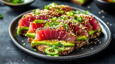 Seared tuna and avocado toast topped with sesame seeds and green onionsの素材