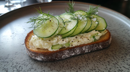 Crispy bread topped with creamy spread and fresh cucumber slices garnished with herbsの素材