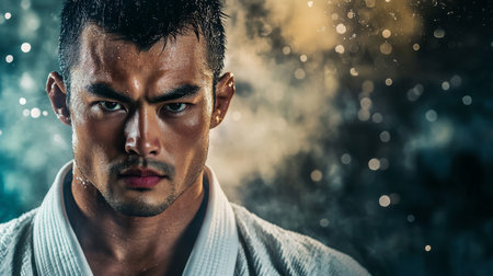 A man in a white gi stares intently into the cameraの素材